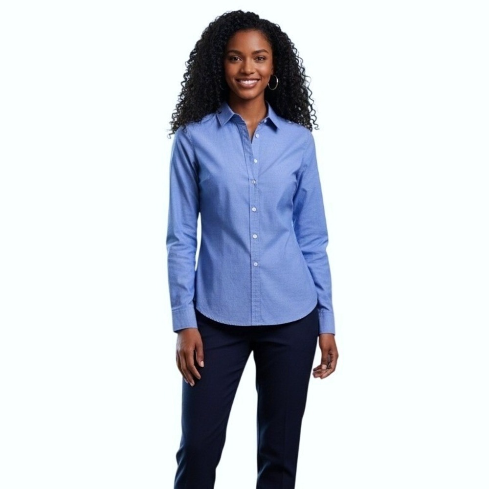 White House Black Market Blue Pleated Front Button Down Shirt Long Sleeve Sz 6